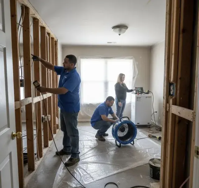 Flood-cut walls and air movers drying an Oklahoma City room