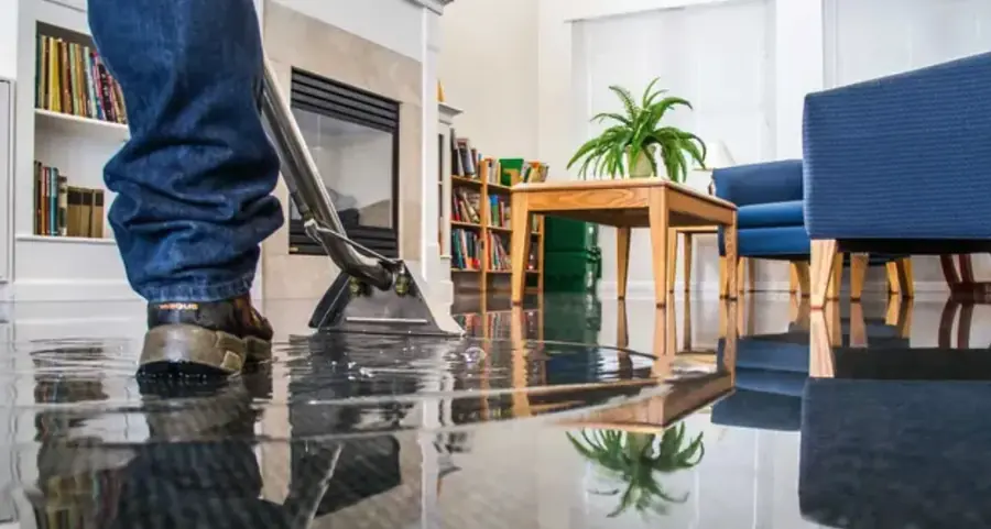 Water damage restoration technician extracting water from a hardwood floor in an Oklahoma City home